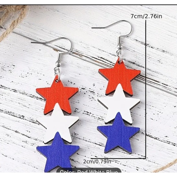 New Red White Blue‎ Stars Dangling Drop Wooden Earrings July 4th Memorial Day - Picture 3 of 3
